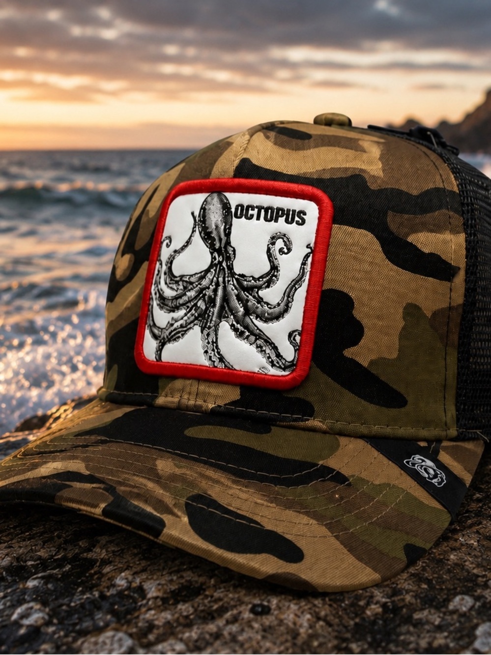 Camo Octopus Patch Trucker Hat - Green, Black, Brown